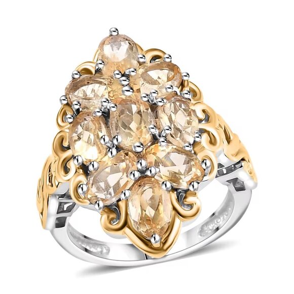 Brazilian Citrine Gemstone Ring in 18K YG Plated and Platinum Brass Bond Sz 8 - Picture 1 of 4
